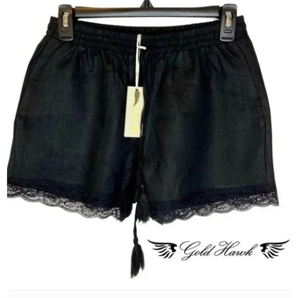 NWT Women's Gold Hawk Black linen with lace trimmed shorts XS - Picture 2 of 7